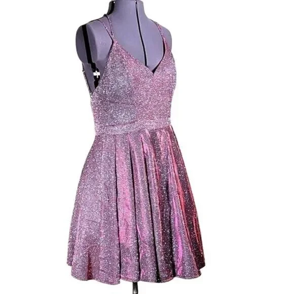 Sequin Hearts Pink Shimmery Fit&Flare Dress Sz 13 - Picture 2 of 14